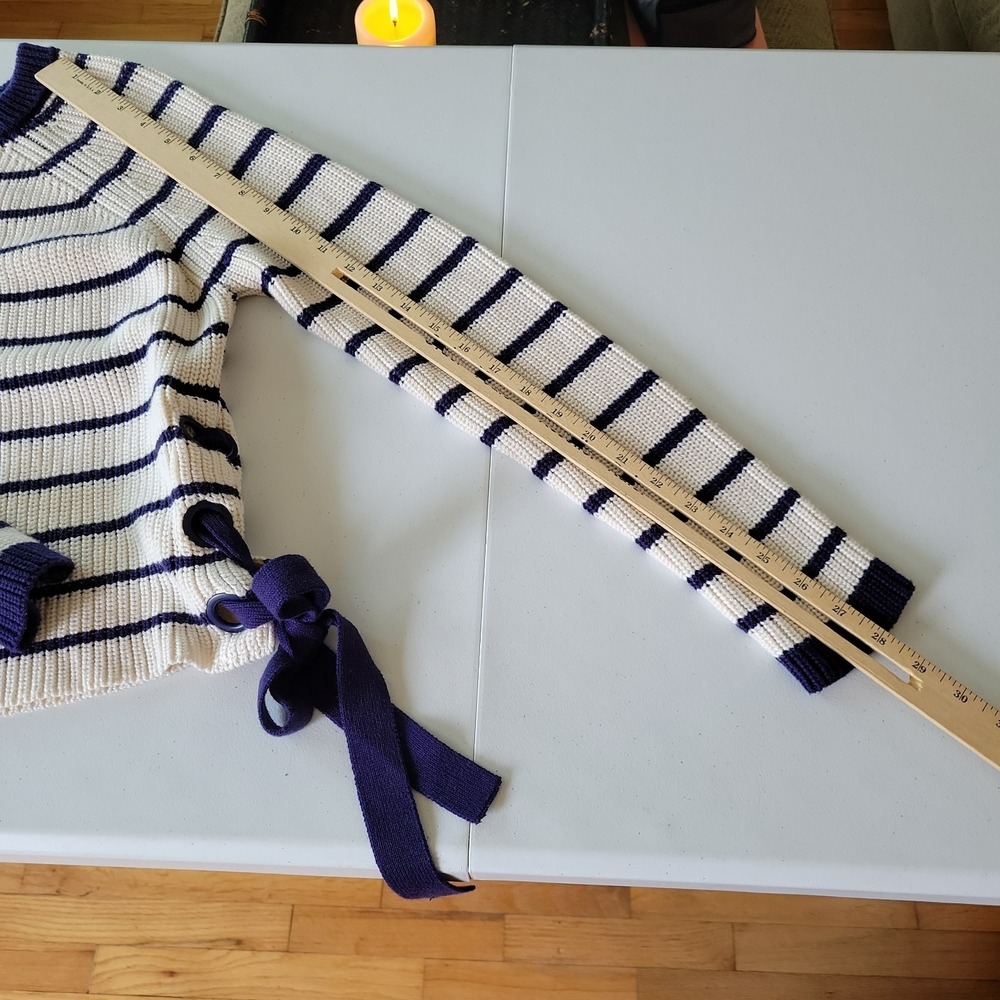 Forever 21 Pullover Side Tie Sweater Navy Blue Stripe Round Neck Nautical Preppy - Picture 10 of 11